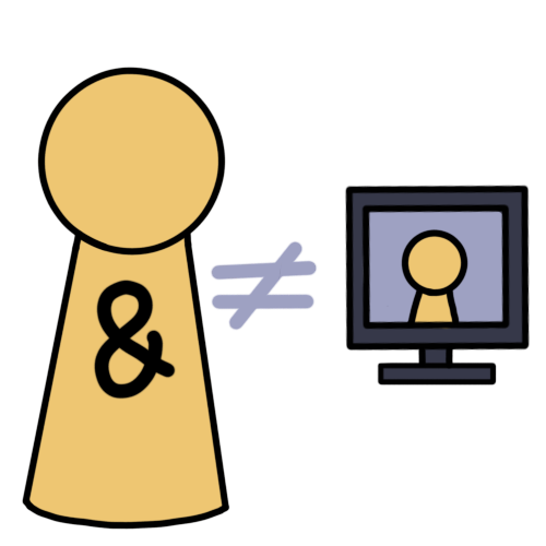 a drawing of a simplified yellow person with the ampersand (&) symbol for plurality on their torso, who is next to a ‘not equal’ sign, which is next to a tv with the person on screen. 